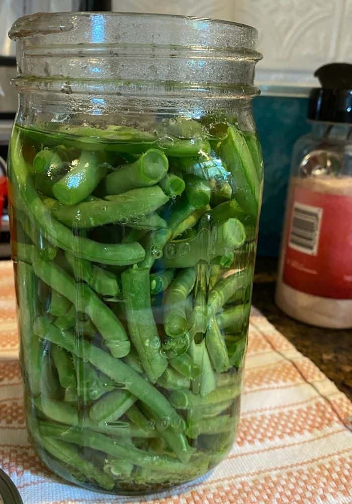 canning late summer green beans: image of freshly canned green beans sitting on a counter.