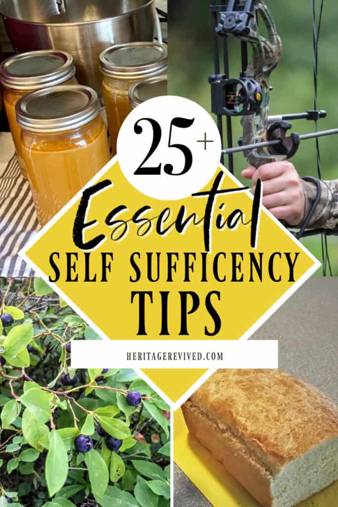 Graphic with images from post and text "25+ essential self sufficiency tips"