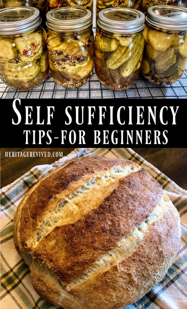 Image of canned pickles and, fermenting sourdough - with text overlay: self sufficiency tips for beginners.