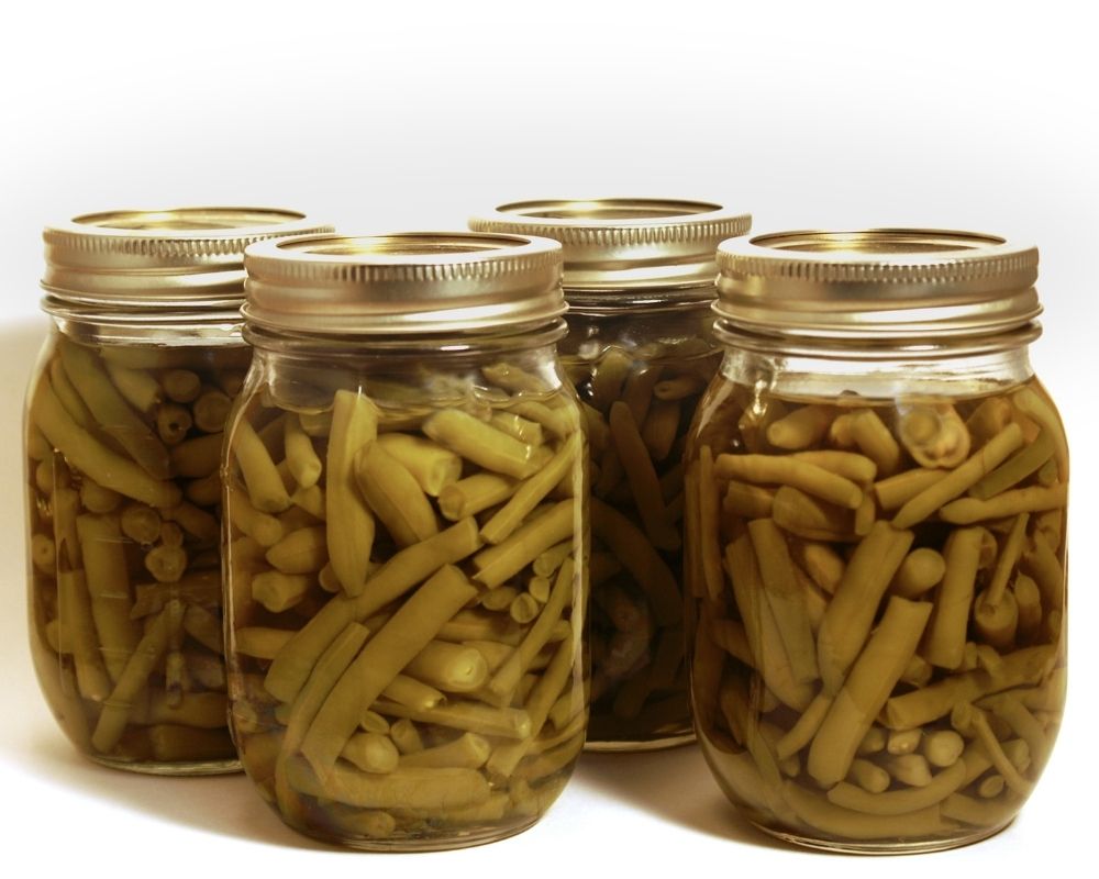 4 pint jars with home canned green beans. Concept of how to preserve vegetables without refrigeration, with pressure canning.