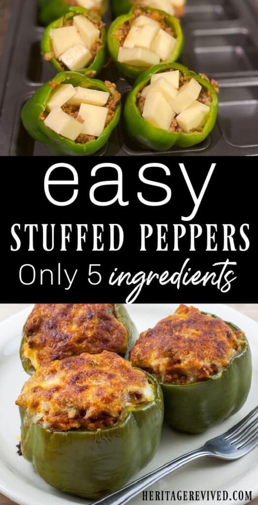 Graphic with peppers stuffed and ready to cook, another image with finished stuffed peppers and text in between "Easy stuffed peppers- only 5 ingredients"