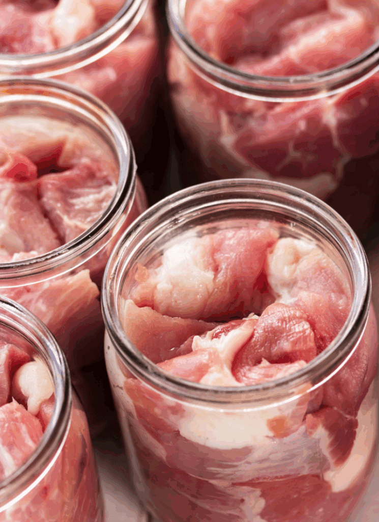 Canning pork- cold pack method in mason jars.