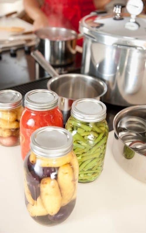 Image of pressure canner with various canned foods in jars on a kitchen counter.