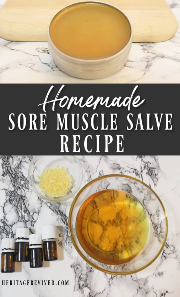 Vertical graphic with image of salve in a tin above text that reads- Homemade Sore Muscle Salve Recipe- with image of the raw ingredients below.