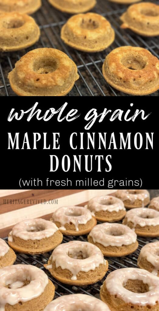 Vertical graphic of unglazed donuts with glazed, finished donuts below and text overlay "whole grain maple cinnamon donuts with fresh milled grains"