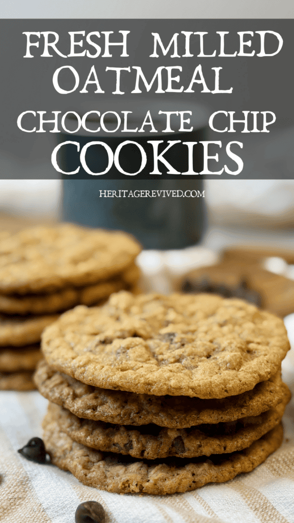 Vertical stack of cookies with text overlay "fresh milled oatmeal chocolate chip cookies"