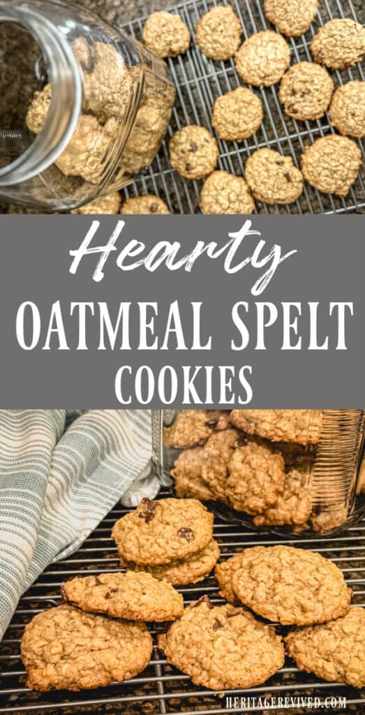 vertical graphic with Oatmeal cookies on a wire rack and in a glass jar with text "Hearty Oatmeal Spelt Cookies".