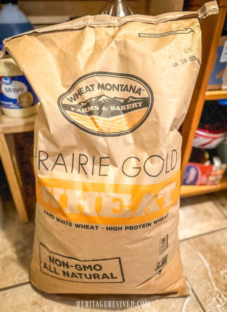 A 50 pound bag of Prairie Gold Hard White Wheat berries in a pantry.