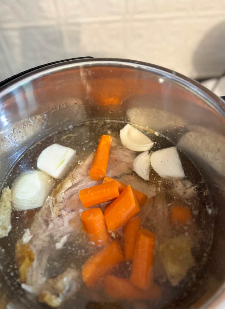 Carrots, onions and chicken covered with water in a large stainless steel pot.