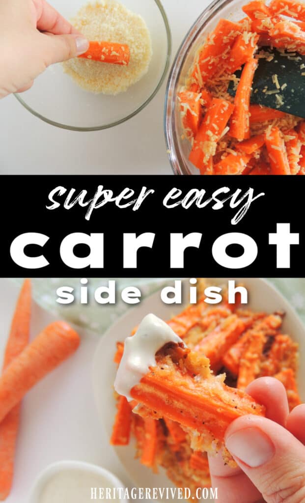 Graphic with text "Super easy carrot side dish" and images of mixing ingredients and roasted parmesan carrots.