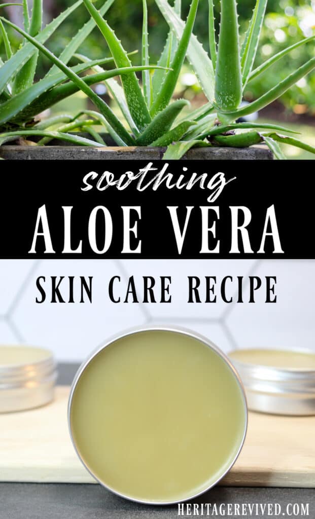 Image of aloe vera plant and finished salve below, with text overlay "Soothing Aloe Vera skin care recipe"