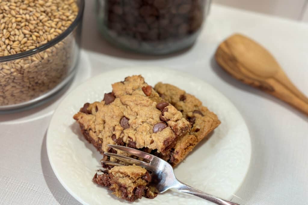Cookie bars on a plate , fresh from the oven. With wheat berries and chocolate chips in background.