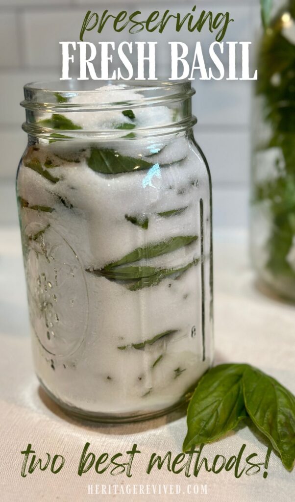 Mason jar filled with salt and basil with text "Preserving fresh basil- 2 best methods!"
