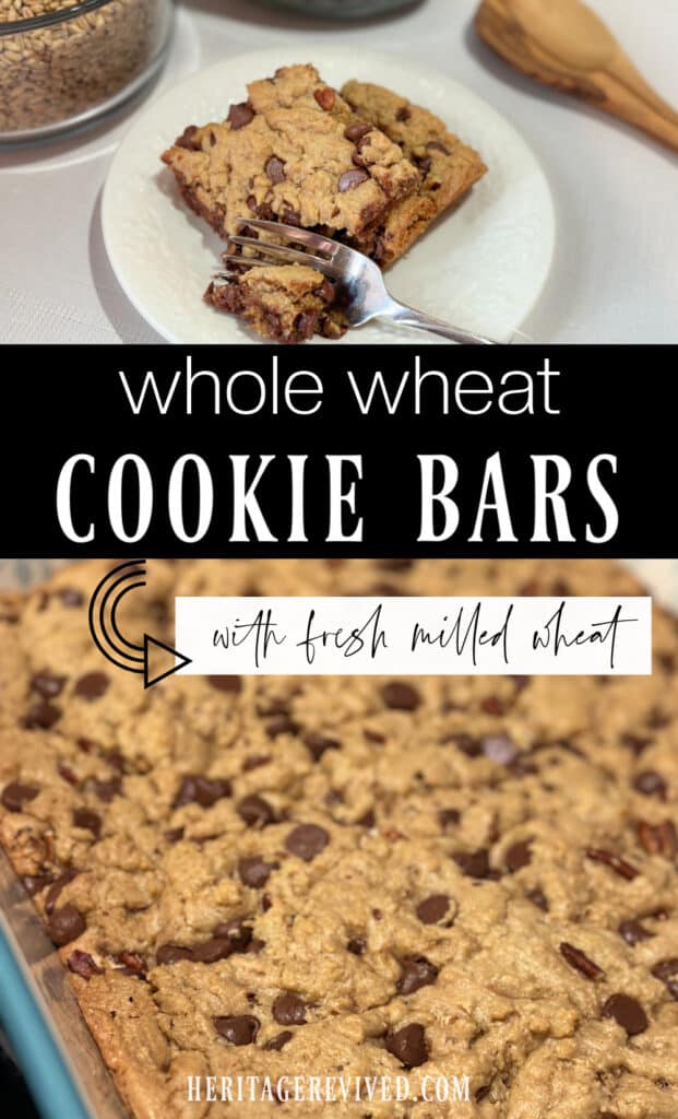 Vertical graphic with cookie bars on a plate and cookie bars cooling in a baking pan, with text "whole wheat cookie bars- with fresh milled wheat"