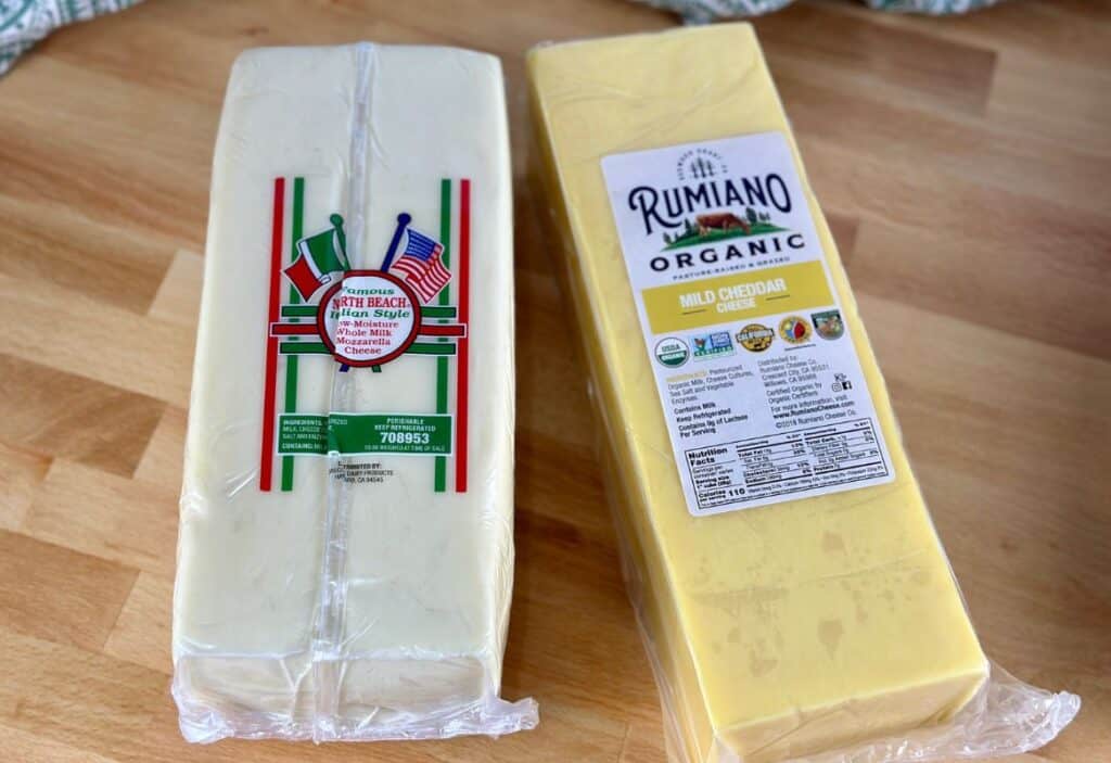 Mozarella cheese block and Rumiano organic mild cheddar block.