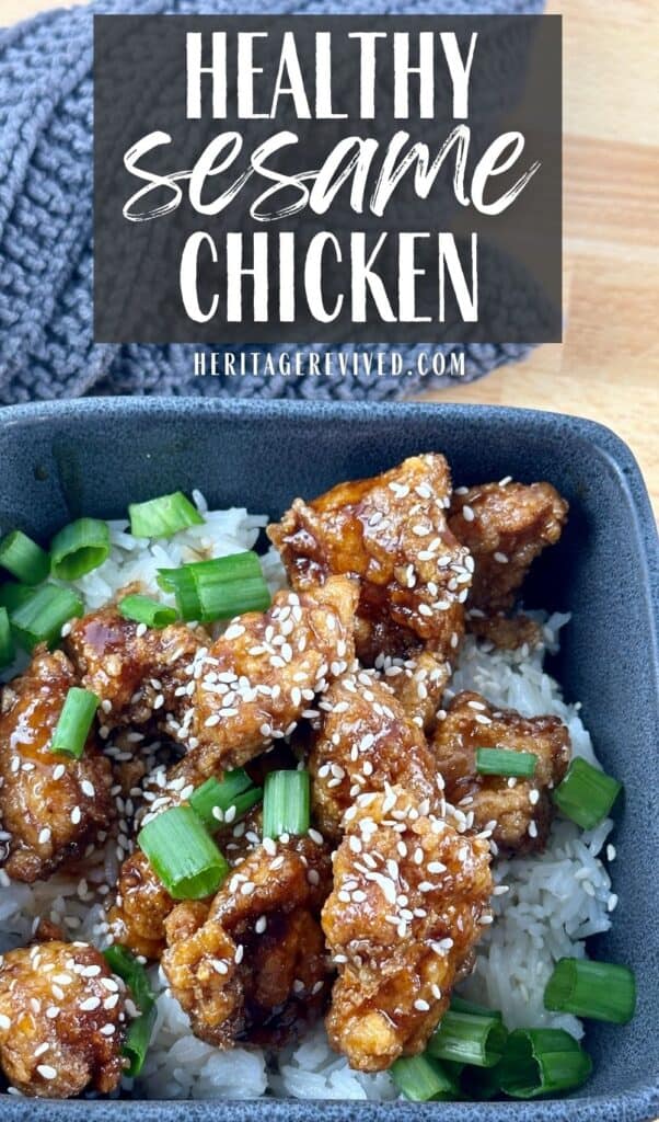 Vertical image with sesame chicken dish and text "Healthy Sesame chicken"