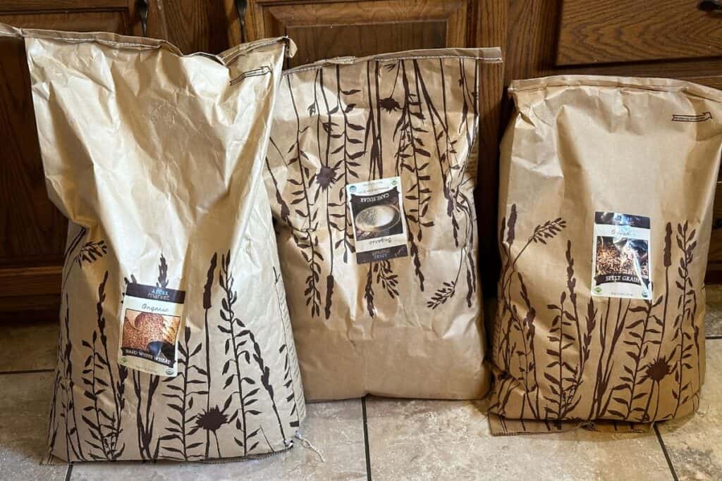 Large bags of bulk wheat, spelt and cane sugar from Azure Standard.