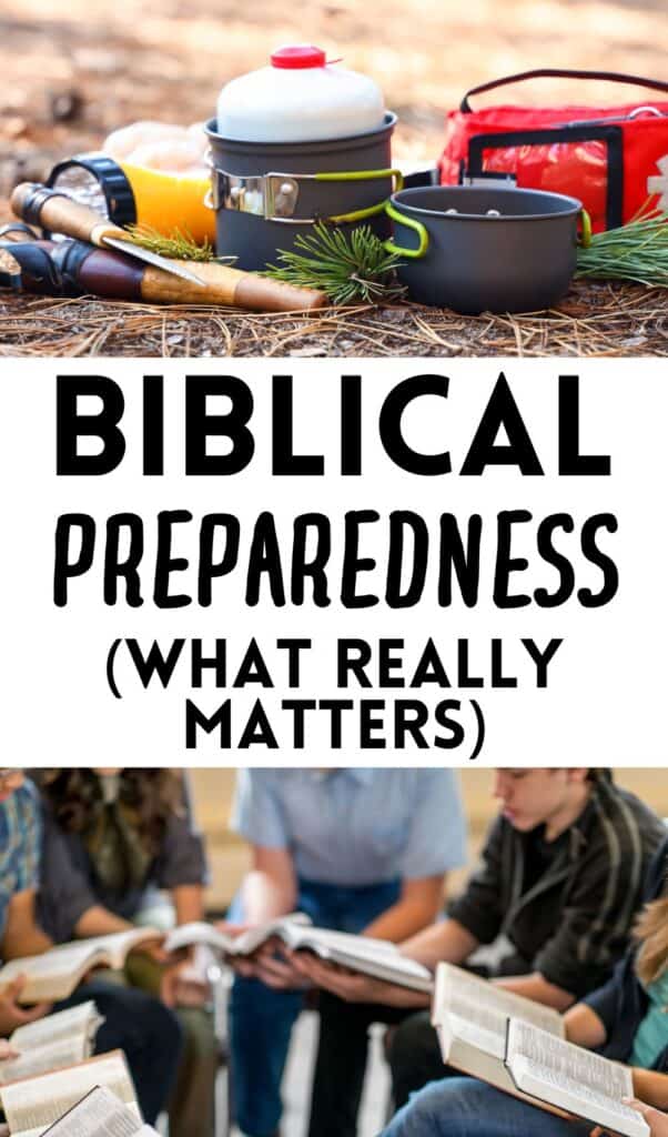 Graphic with image of survival gear, along with image of group of people in a Bible study and text "Biblical preparedness- what really matters."
