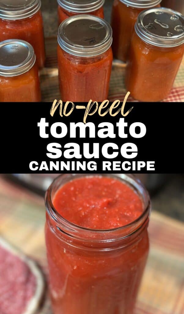 Vertical graphic with image of canning jars cooling and then finished sauce in an open jar and text "No-peel tomato sauce canning recipe"