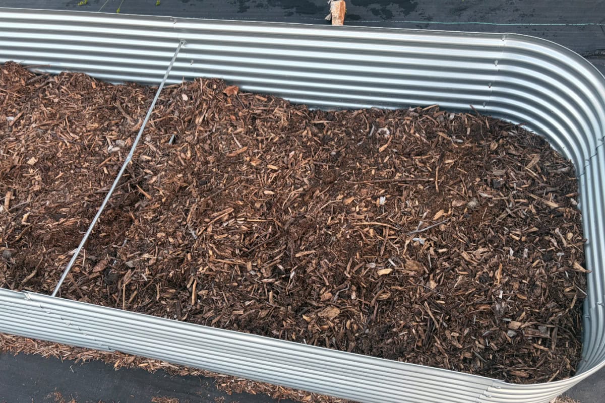 wood chips in bottom of metal raised beds