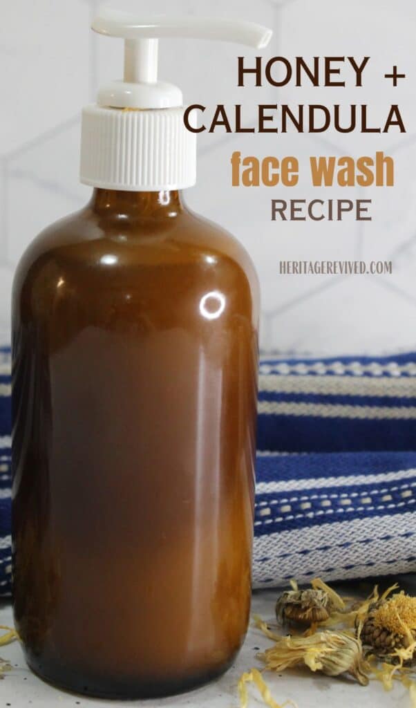 Brown pump bottle with text "honey calendula face wash recipe"