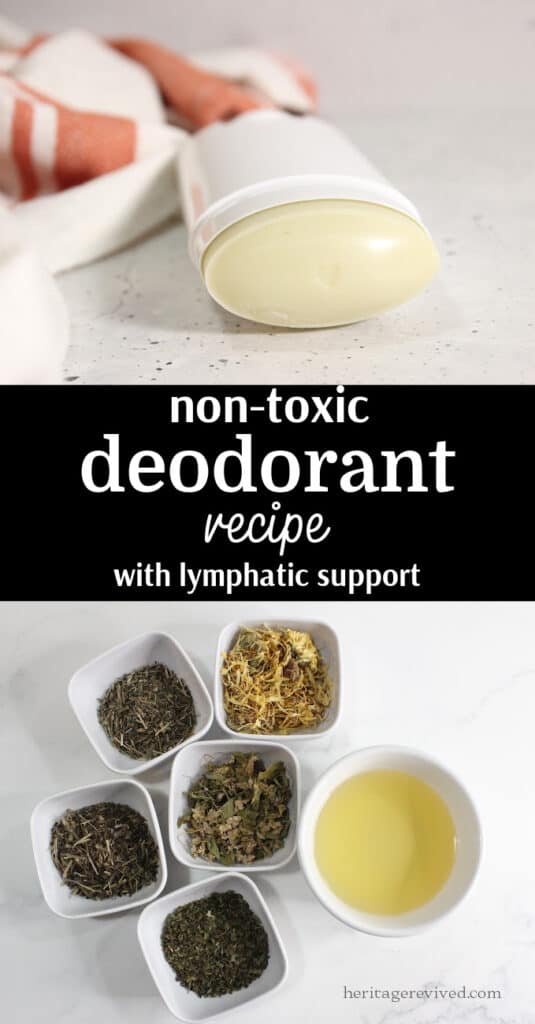 Vertical graphic with image of deodorant stick and image of ingredients below with text "non-toxic deodorant recipe with lymphatic support"