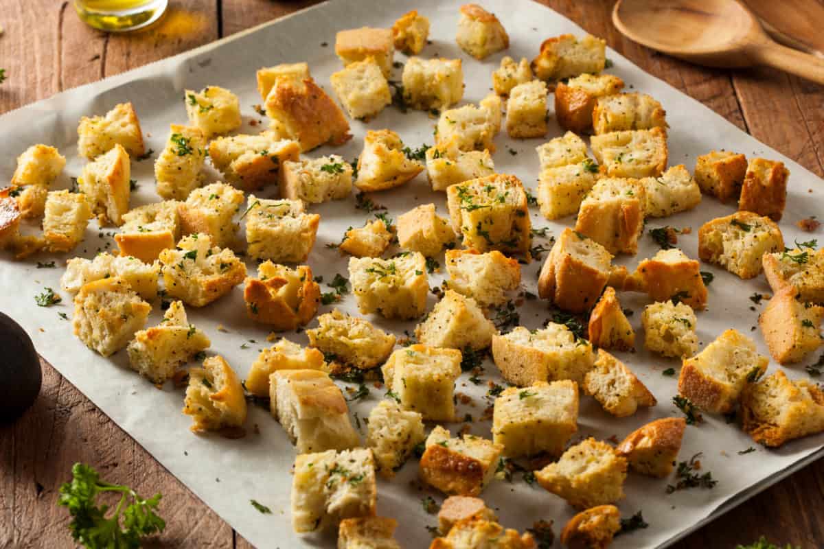 Croutons on parchment paper.
