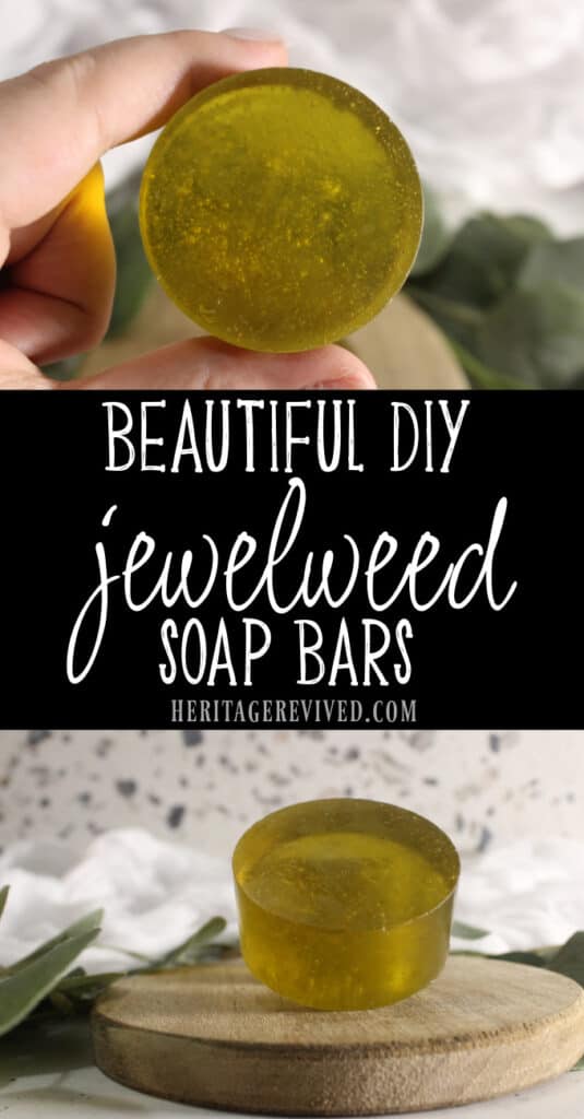 Vertical graphic with 2 images of finished soaps and text "beautiful DIY jewelweed soap bars"