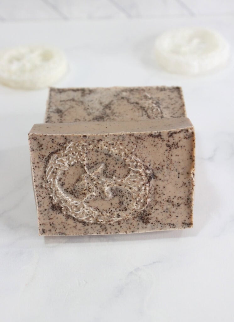 Two soap bars embedded with cinnamon and loofah slices.