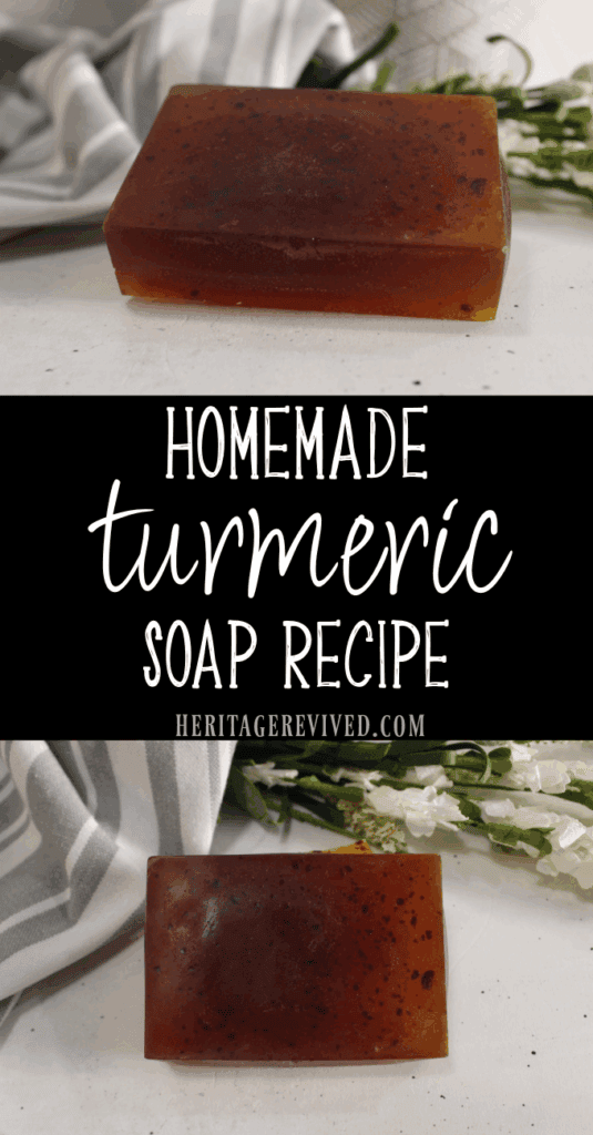 Vertical graphic with two images of soap on white countertop with text "homemade tumeric soap recipe"