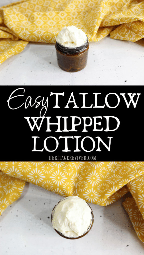 Two images of amber colored jar of whipped tallow and text "Easy tallow whipped lotion"