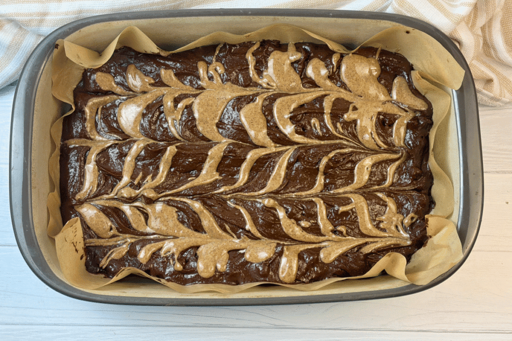 Marbling technique on brownie batter.