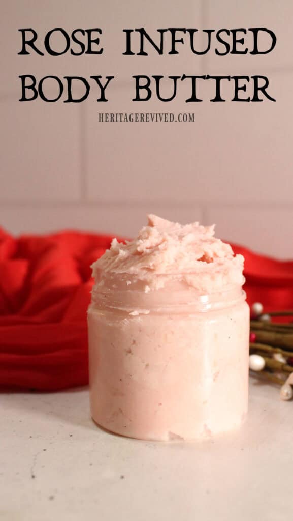 Vertical image of whipped body butter with text "rose infused body butter"