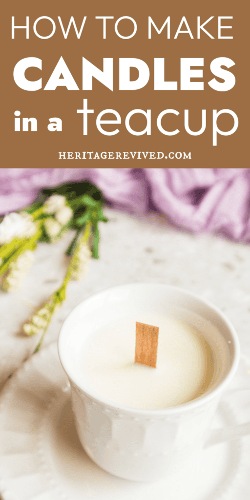 Vertical graphic with text "How to make candles in a teacup"